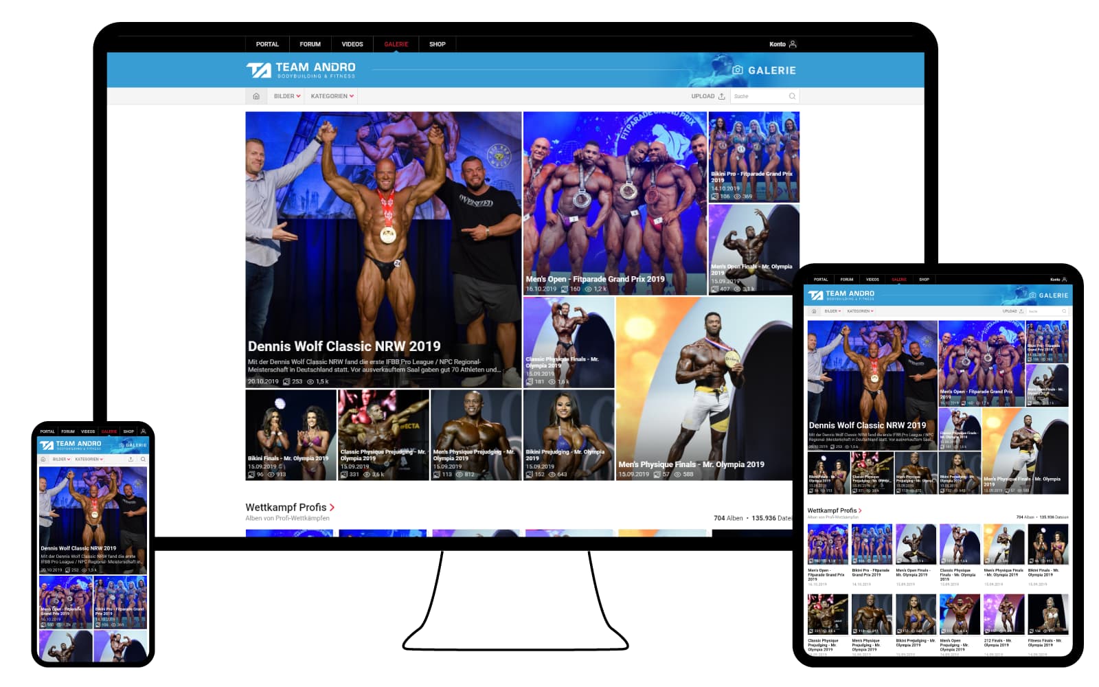 Screenshots in mobile and desktop devices of the home page of the Team-Andro gallery